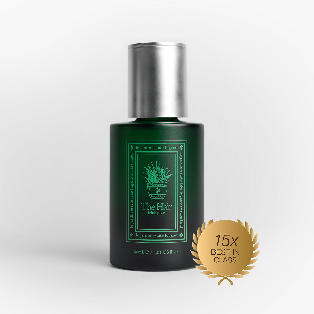 The Hair Multiplier serum bottle with 15x Best In Class gold seal — Le Jardin Switzerland