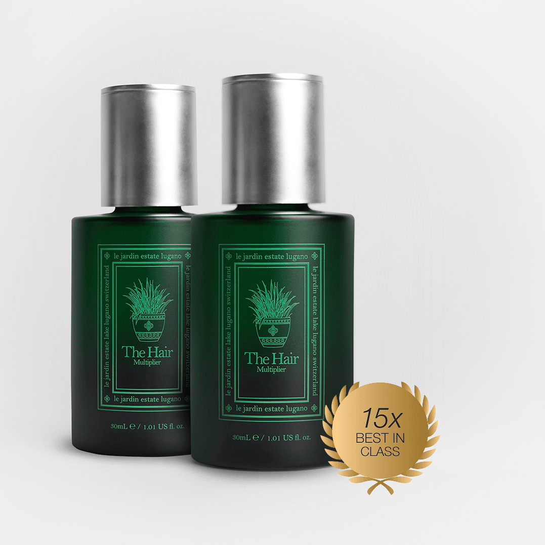 The Hair Multiplier serum two-bottle front product shot — Le Jardin Switzerland